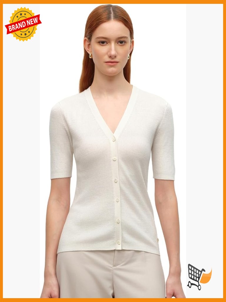V-Neck Ribbed Knit Short Sleeve Cardigan, 70% Cashmere 30% Silk